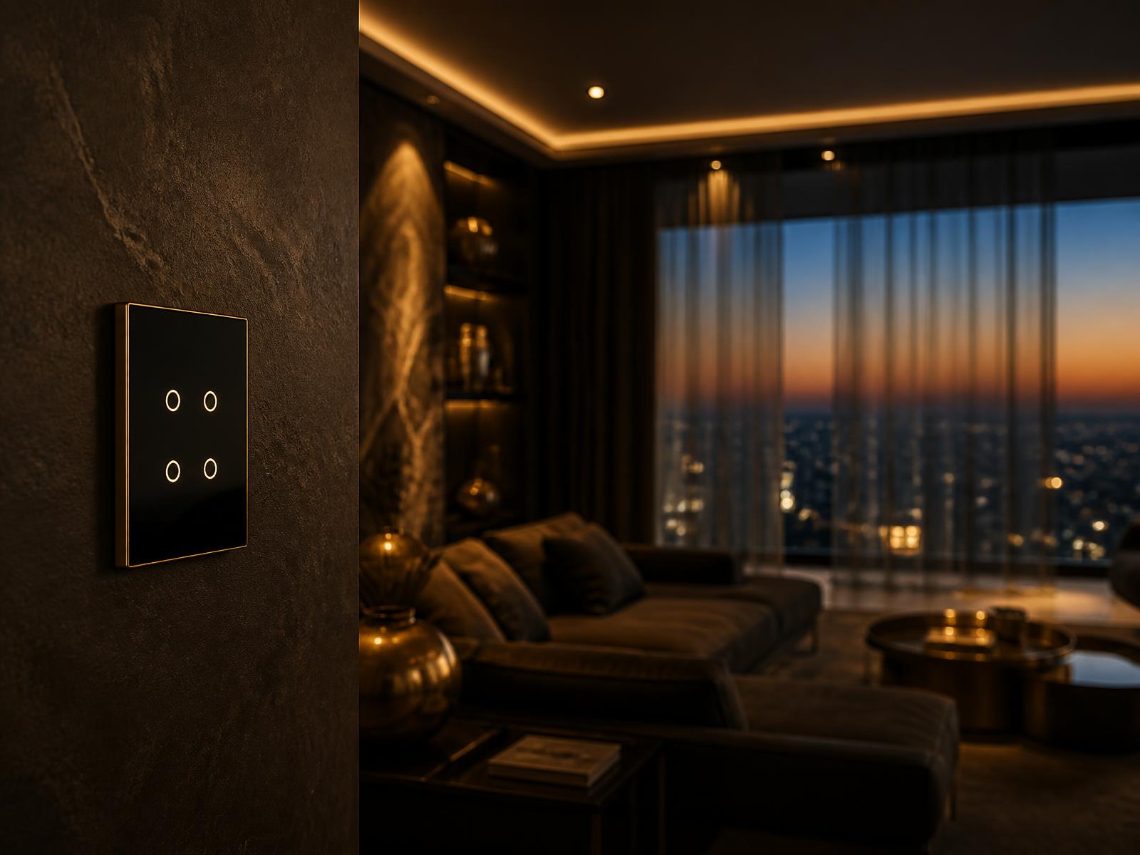 Luxury living room with automated warm lighting and motorized curtains